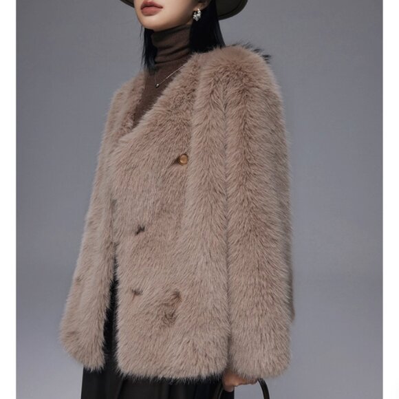 Taupe Faux Fur Double Breasted Crop Coat - Picture 5 of 7